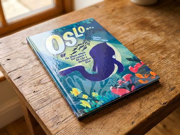 Colourful open picture book on a child's reading nook with fairy lights