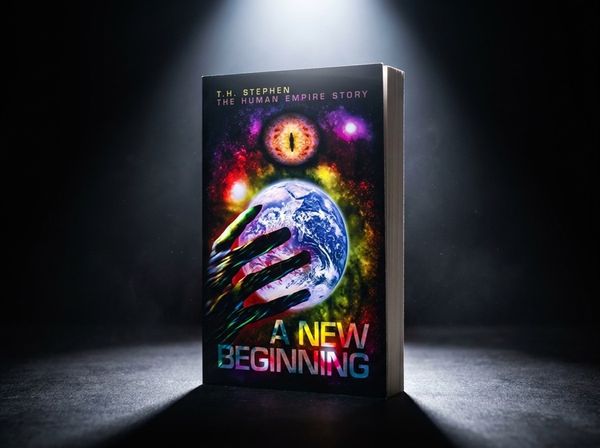 Science fiction paperback with star-field backdrop and brass astrolabe on a dark desk